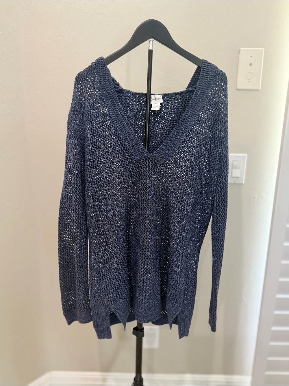 Chico's Navy Open-Knit V-Neck Sweater Hoodie Nautical Fisherman Boho Lagenlook
